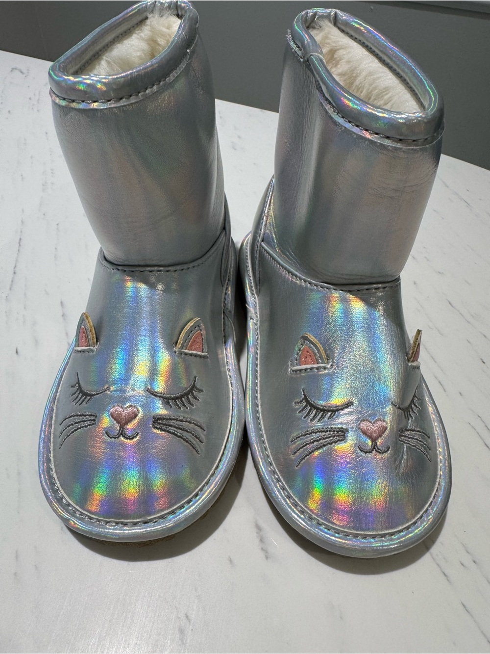 The Children's Place Iridescent Silver Cat Face Kids Snow Boots